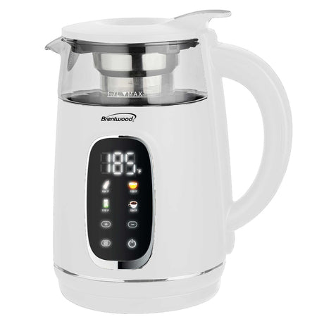 Brentwood 1100-Watt 1.7-L Cordless Digital Glass Electric Kettle with Tea Infuser, White