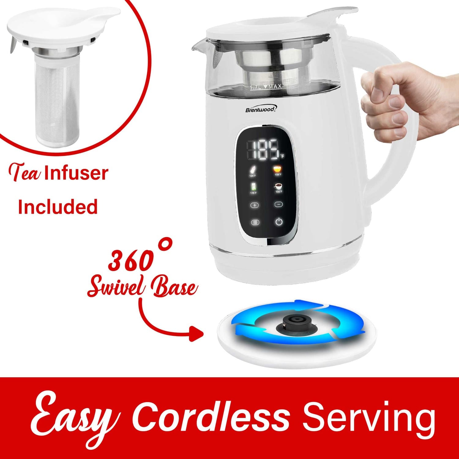 Brentwood 1100-Watt 1.7-L Cordless Digital Glass Electric Kettle with Tea Infuser, White