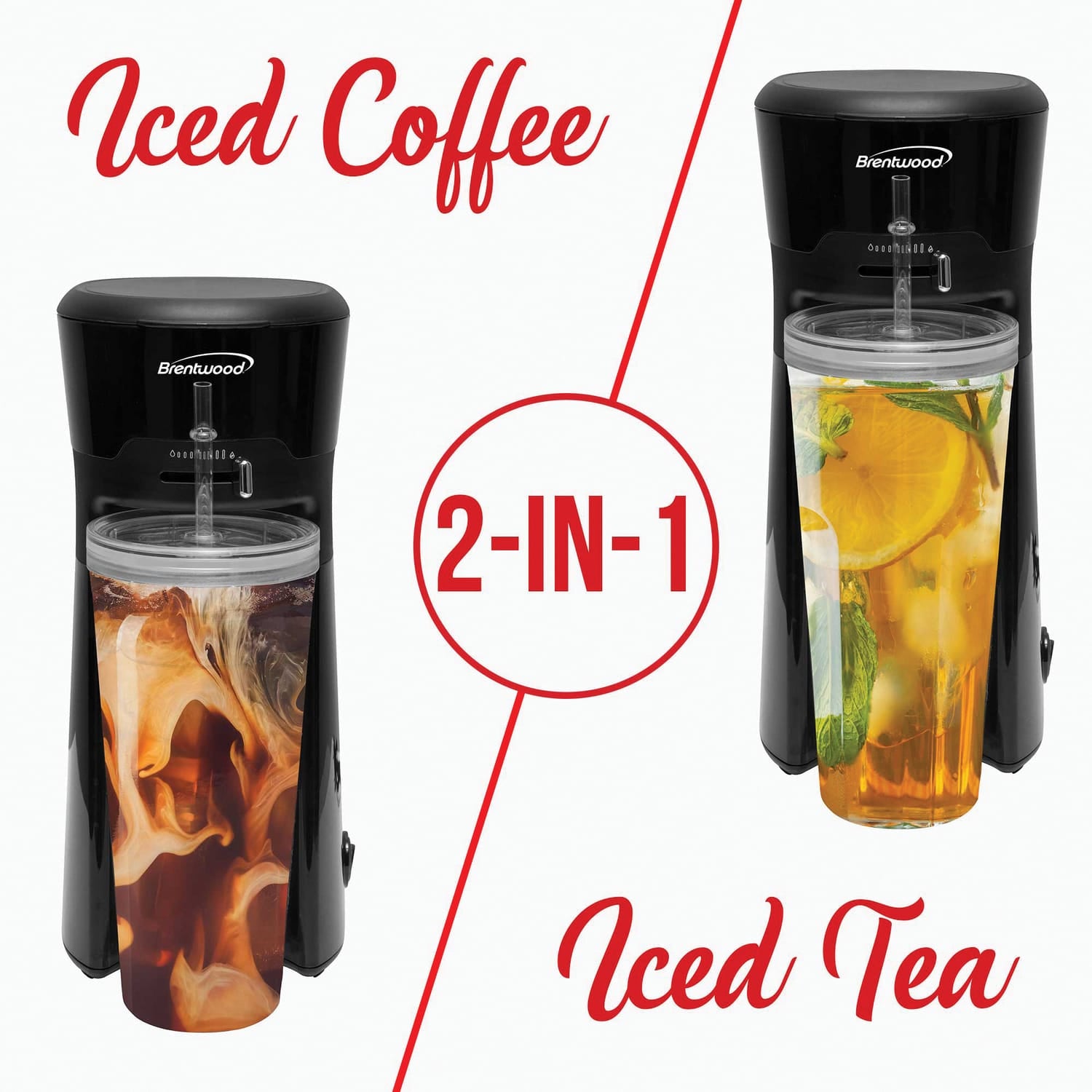 Brentwood Single-Serve Iced Coffee and Tea Maker with 20-Oz. Insulated Tumbler and Reusable Filter