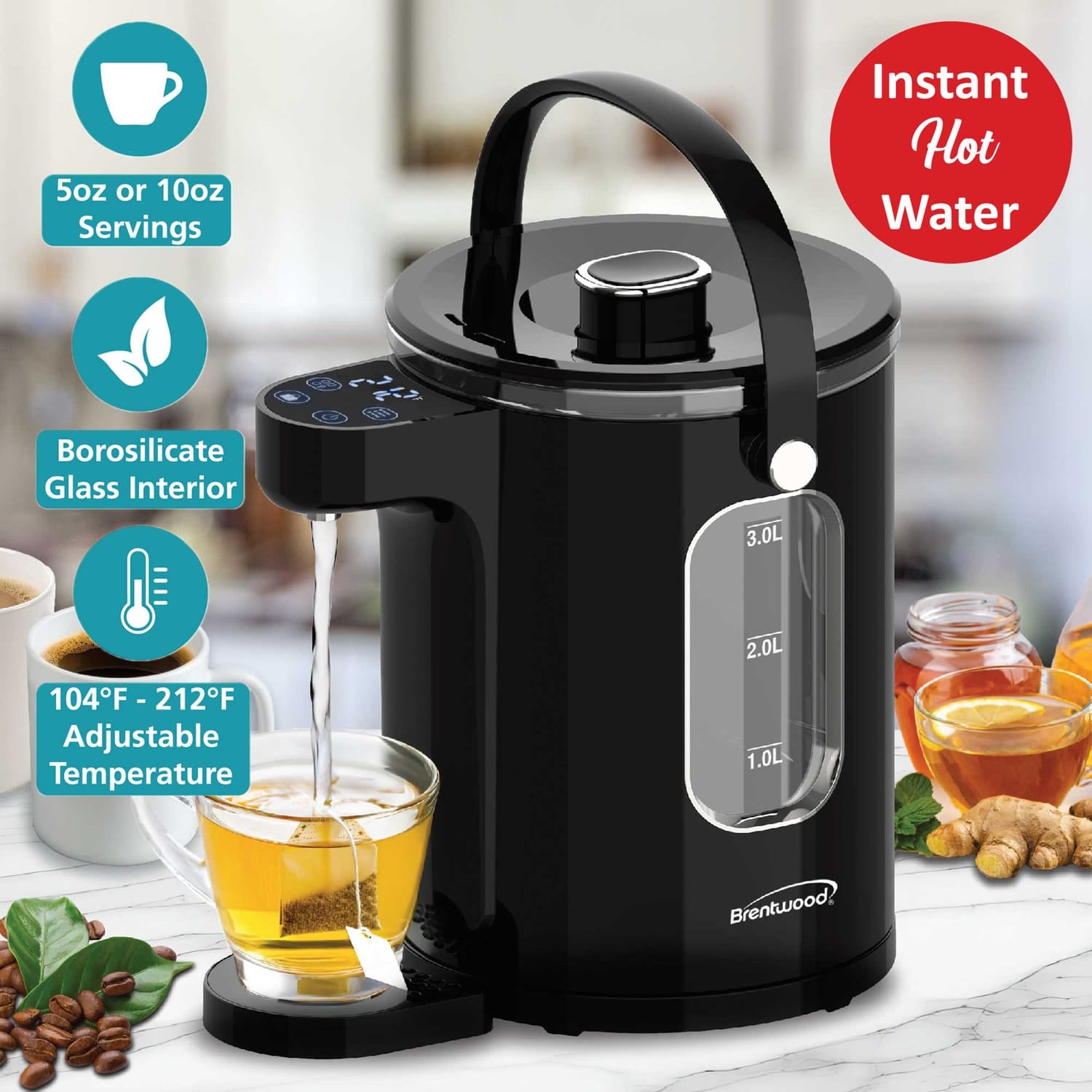 Brentwood 1100-Watt 3-L Digital Glass Instant Hot Water Dispenser with Tea Infuser, KT-2230BK