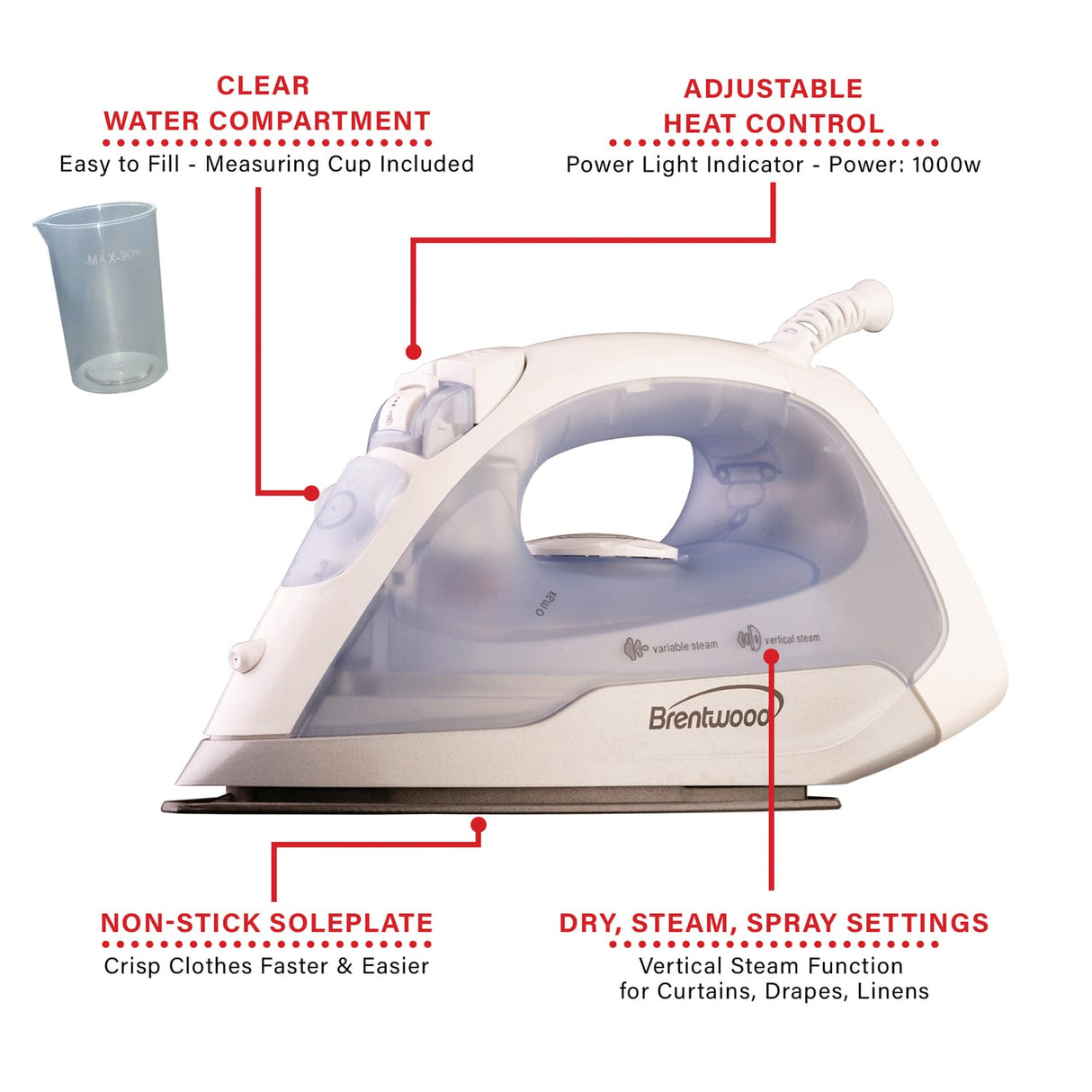Brentwood Nonstick Steam Iron, Silver