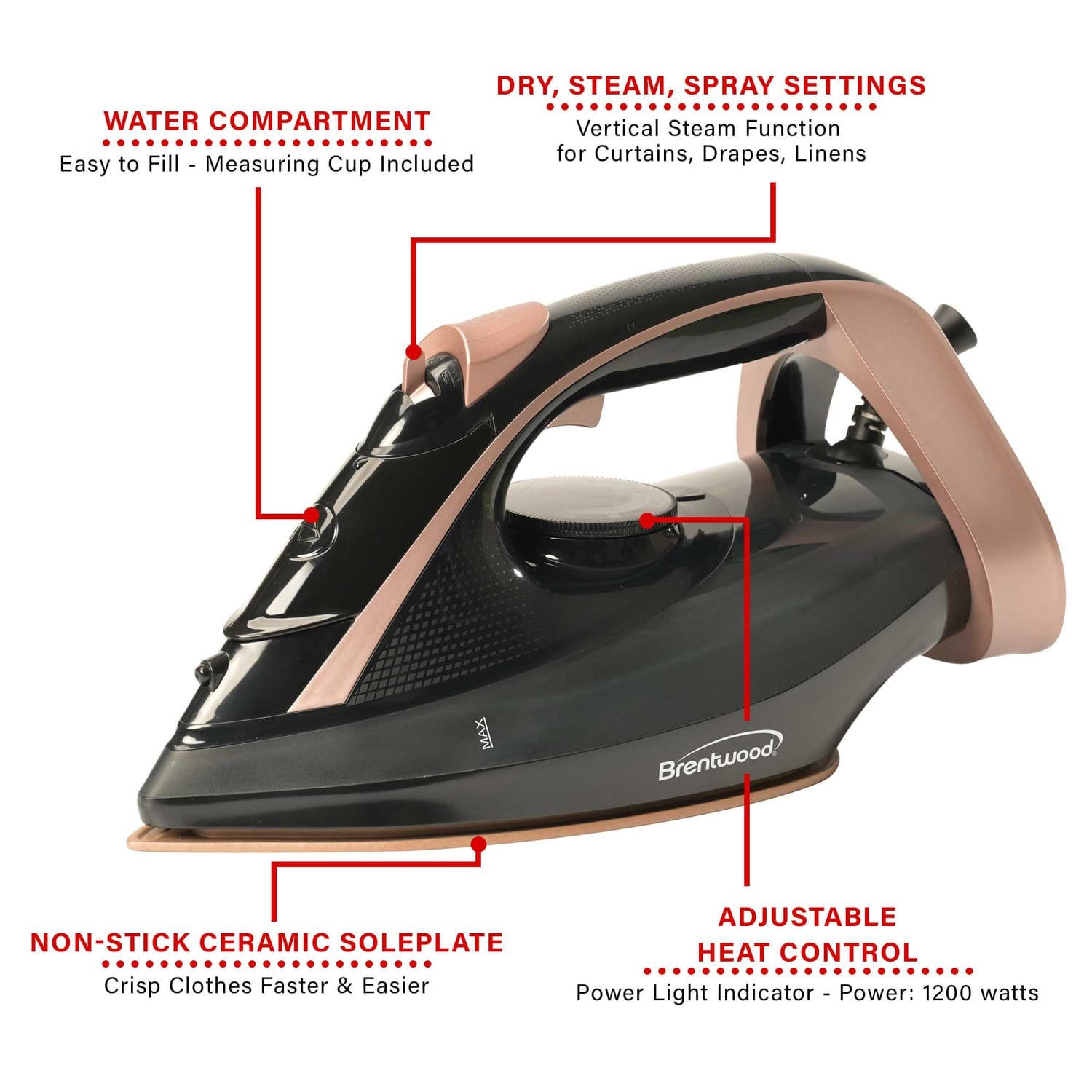Brentwood MPI-69BKRG Nonstick Ceramic Steam Iron, Black and Rose Gold