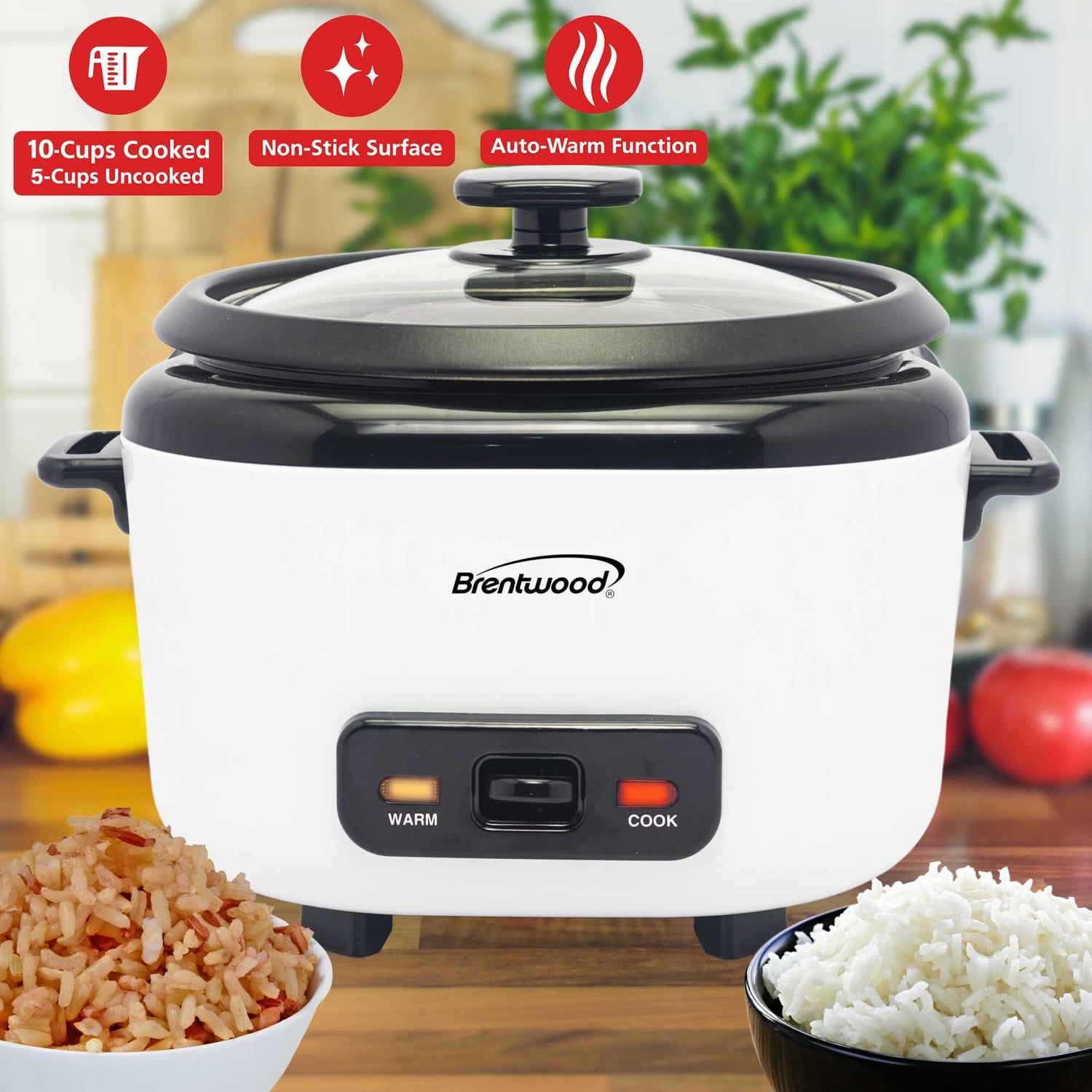 Brentwood 5-Cups Uncooked/10-Cups Cooked Electric Rice Cooker with Measuring Cup and Spatula, White