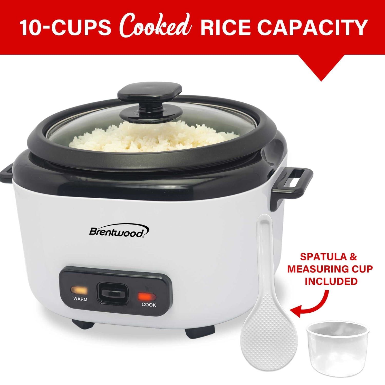 Brentwood 5-Cups Uncooked/10-Cups Cooked Electric Rice Cooker with Measuring Cup and Spatula, White