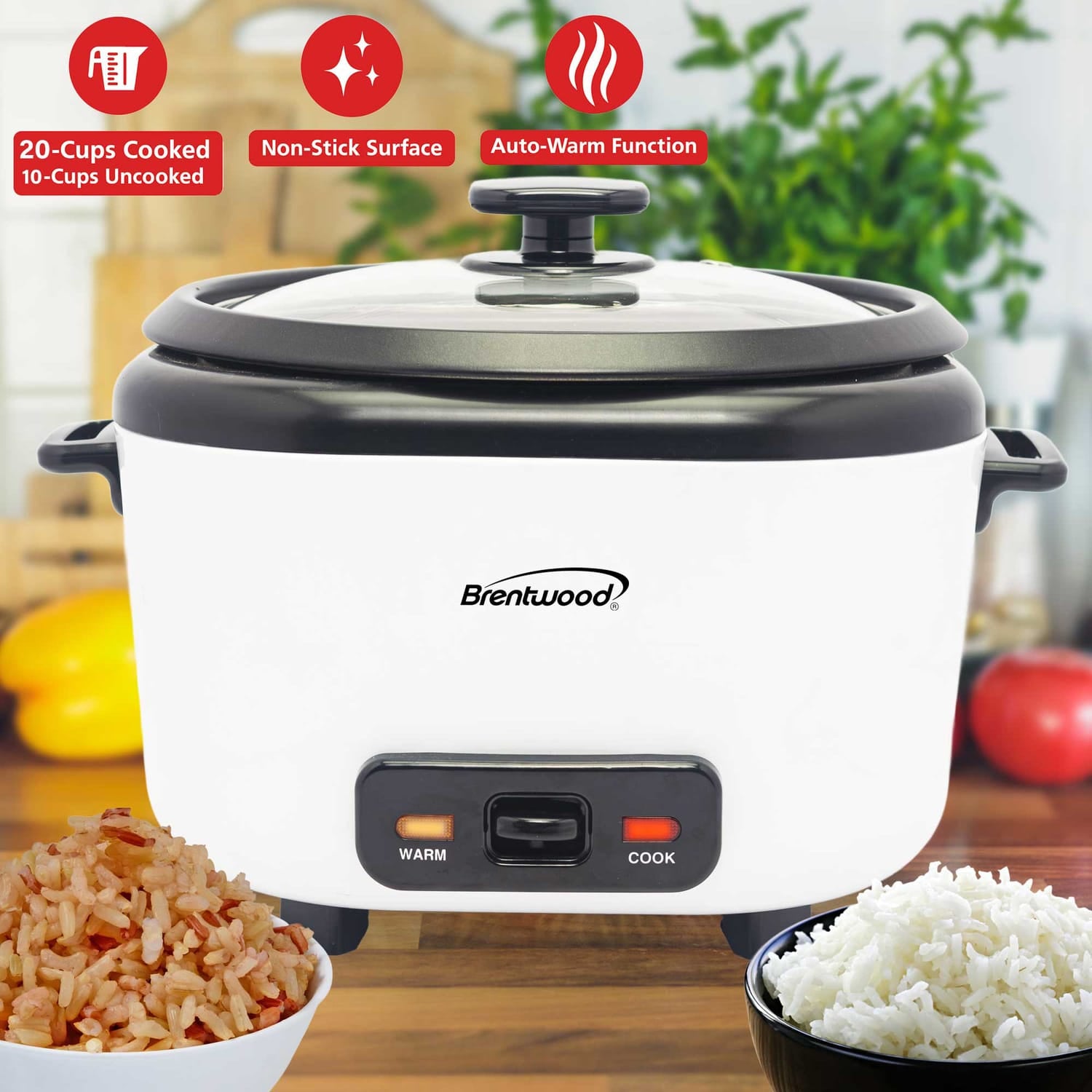 Brentwood 10-Cups Uncooked/20-Cups Cooked Electric Rice Cooker with Measuring Cup and Spatula, White