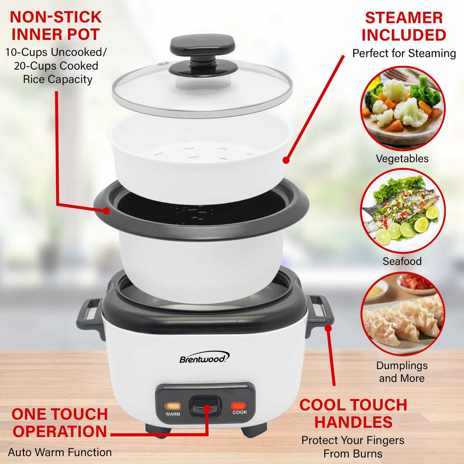 Brentwood 10-Cups Uncooked/20-Cups Cooked Electric Rice Cooker with Measuring Cup and Spatula, White