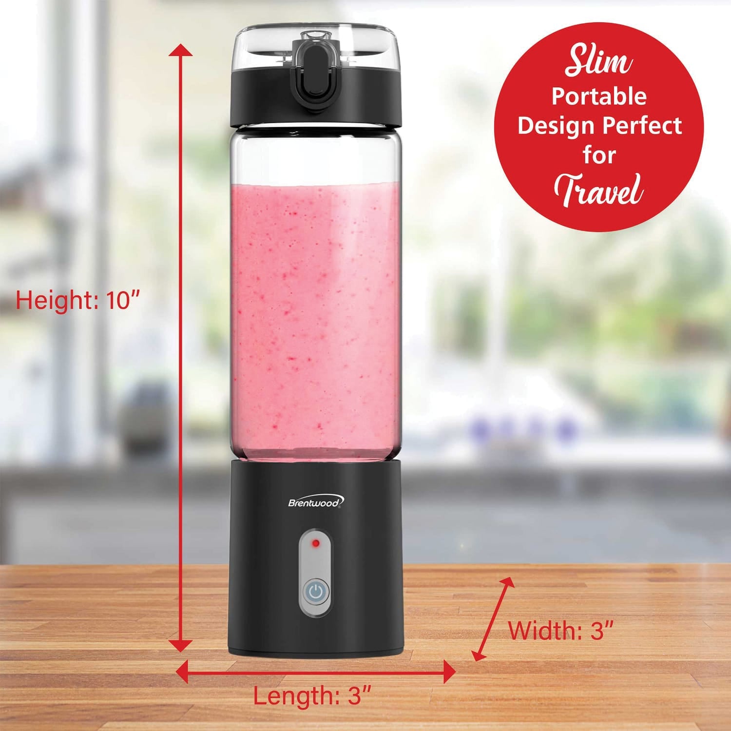 Brentwood 50-Watt 17-Oz. Portable Battery-Operated USB-Chargeable Glass Blender, Black