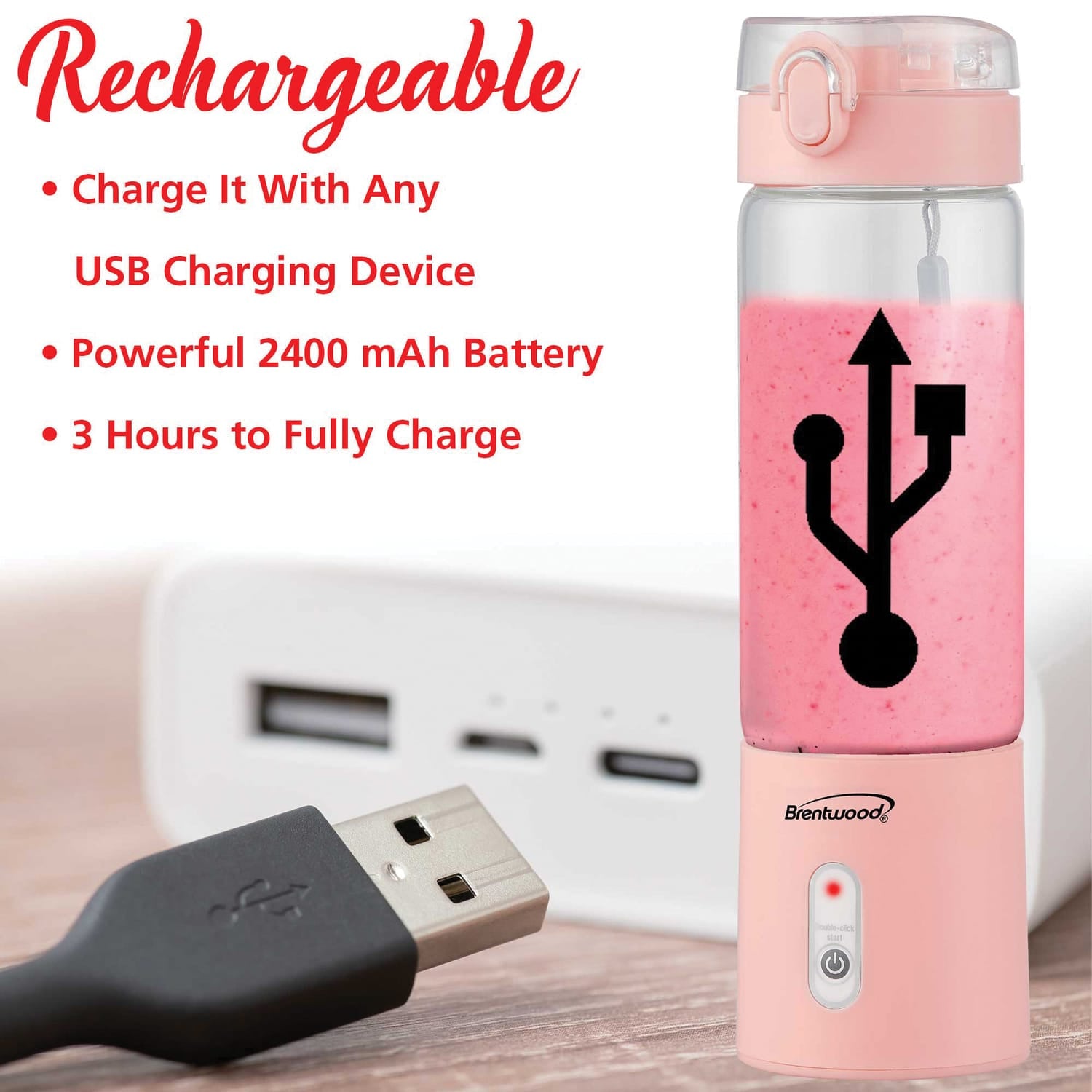 Brentwood 50-Watt 17-Oz. Portable Battery-Operated USB-Chargeable Glass Blender, Pink