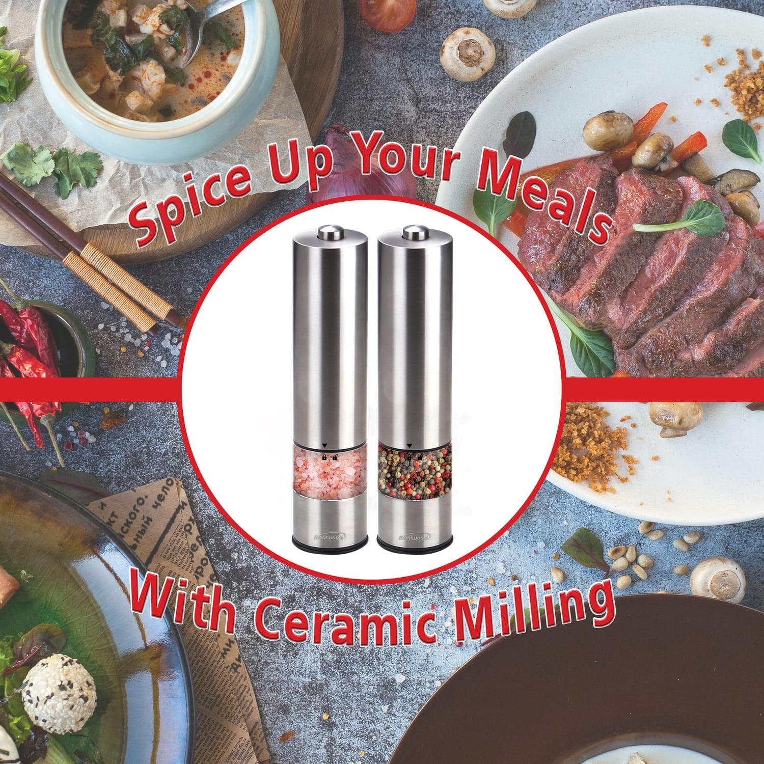 Brentwood Electric Blue LED Stainless Steel Salt and Pepper Adjustable Ceramic Grinders