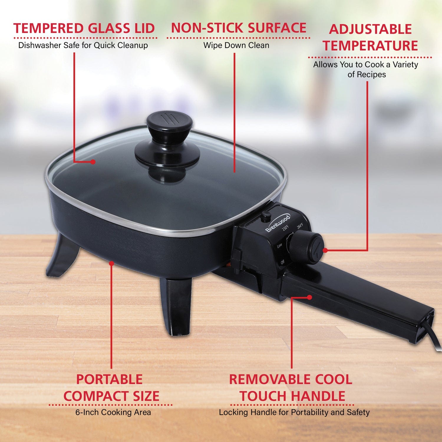 Brentwood 6-In. 600-Watt Nonstick Electric Skillet with Glass Lid