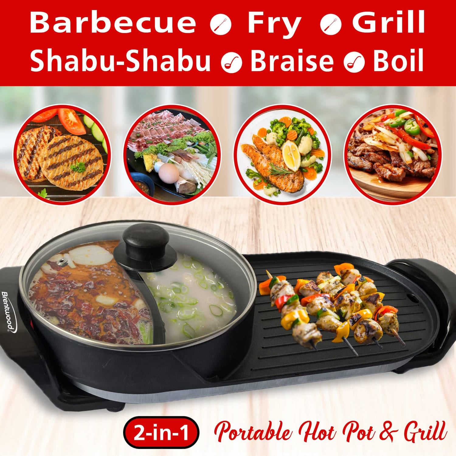 Brentwood 1200-Watt 2-Qt. 2-Sided Electric Hot Pot and 18-In. x 9-In. Korean BBQ Grill with Ceramic Nonstick Coating, Black