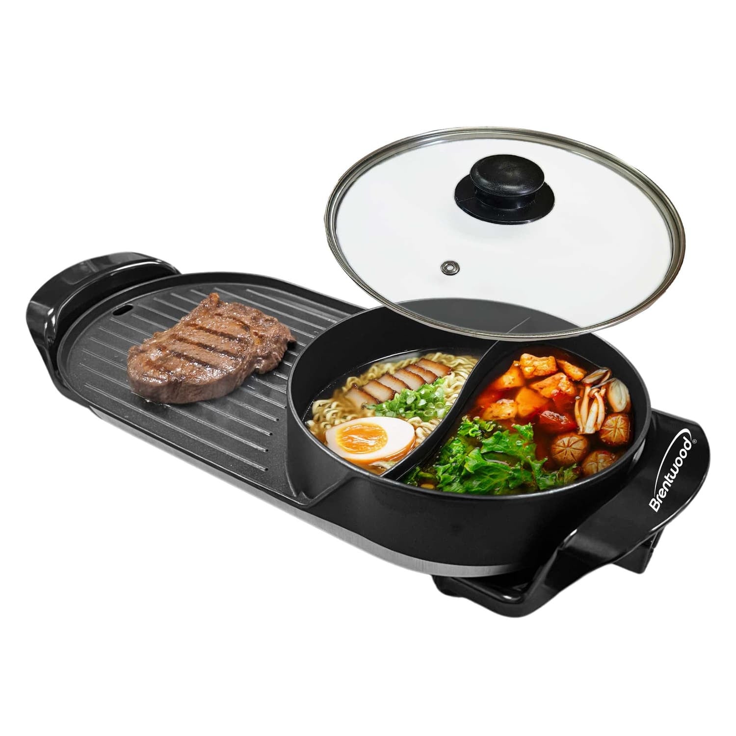 Brentwood 1200-Watt 2-Qt. 2-Sided Electric Hot Pot and 18-In. x 9-In. Korean BBQ Grill with Ceramic Nonstick Coating, Black
