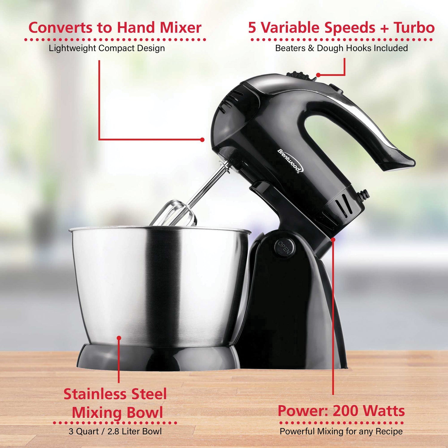 Brentwood 5-Speed + Turbo Electric Stand Mixer with Bowl, Black