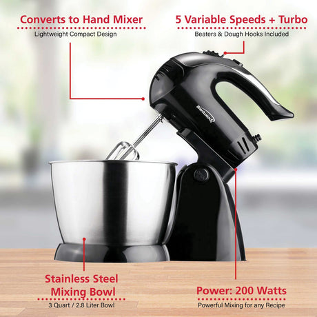 Brentwood 5-Speed + Turbo Electric Stand Mixer with Bowl, Black