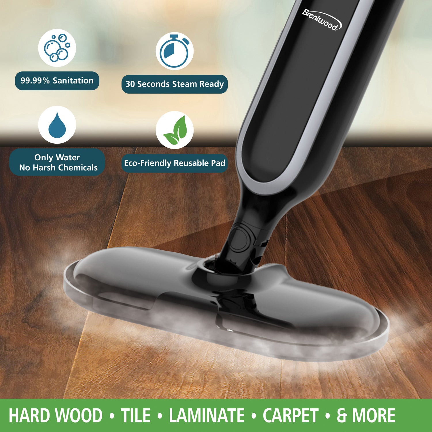 Brentwood 1100-Watt Hard-Floor Steam Mop for Tile and Wood with 3.59-Cup Water Tank, Carpet Glider, and 2 Mop Pads, STM-4000BK