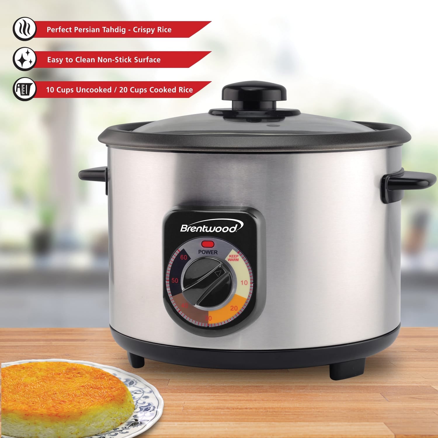 Brentwood 10-Cup Uncooked/20-Cup Cooked 700-Watt Stainless Steel Crunchy Persian Rice Cooker with Lid