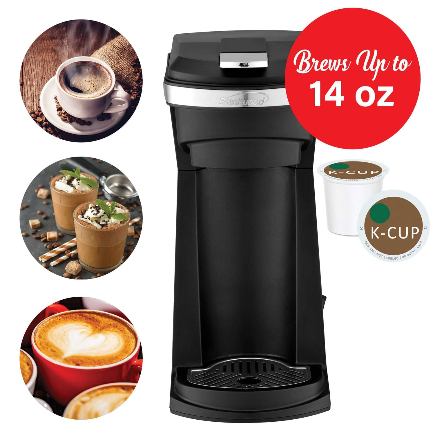 Brentwood 800-Watt Single-Serve Coffee Maker with Reusable Filter Basket for K-Cup Pods and Ground Coffee