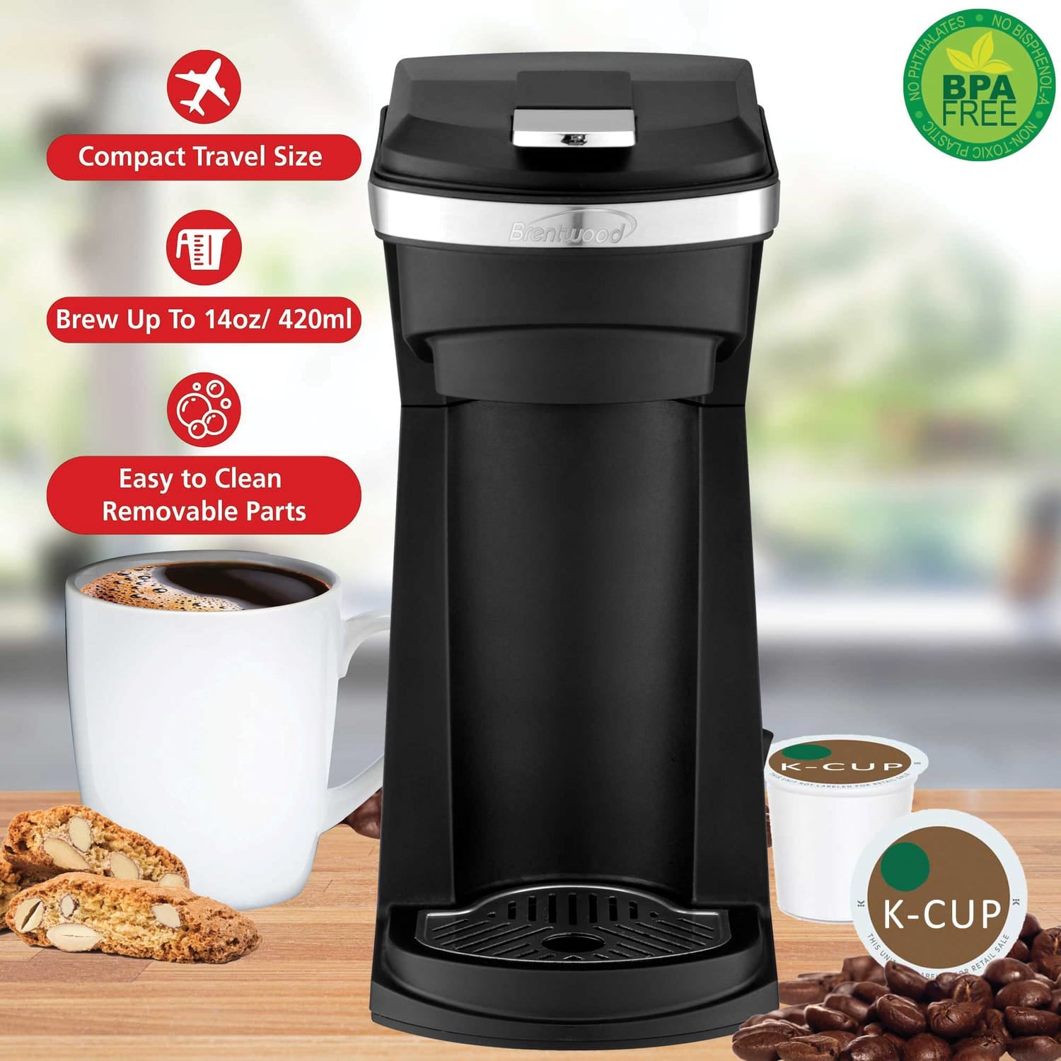 Brentwood 800-Watt Single-Serve Coffee Maker with Reusable Filter Basket for K-Cup Pods and Ground Coffee