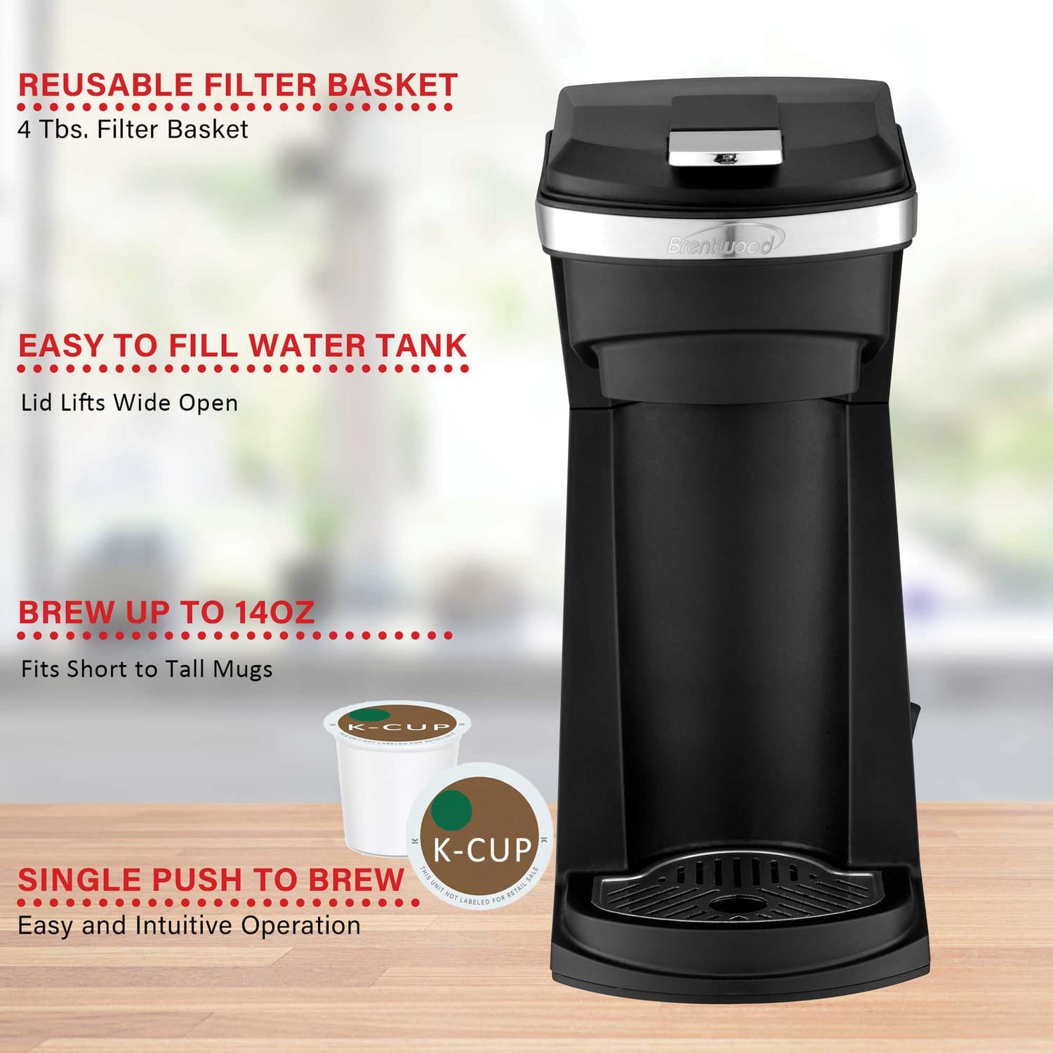 Brentwood 800-Watt Single-Serve Coffee Maker with Reusable Filter Basket for K-Cup Pods and Ground Coffee