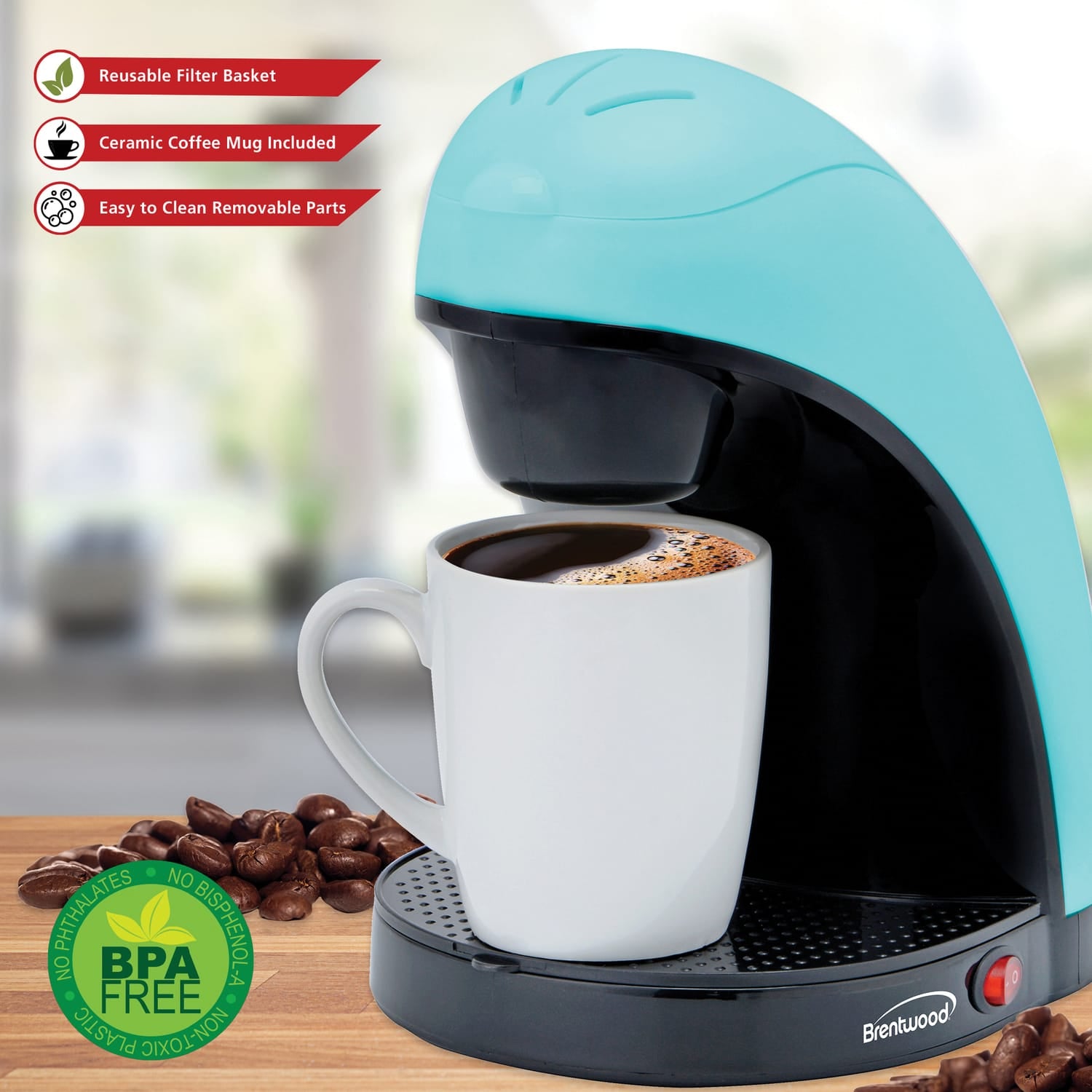 Brentwood Single-Serve Drip Coffee Maker with Ceramic Mug, Blue