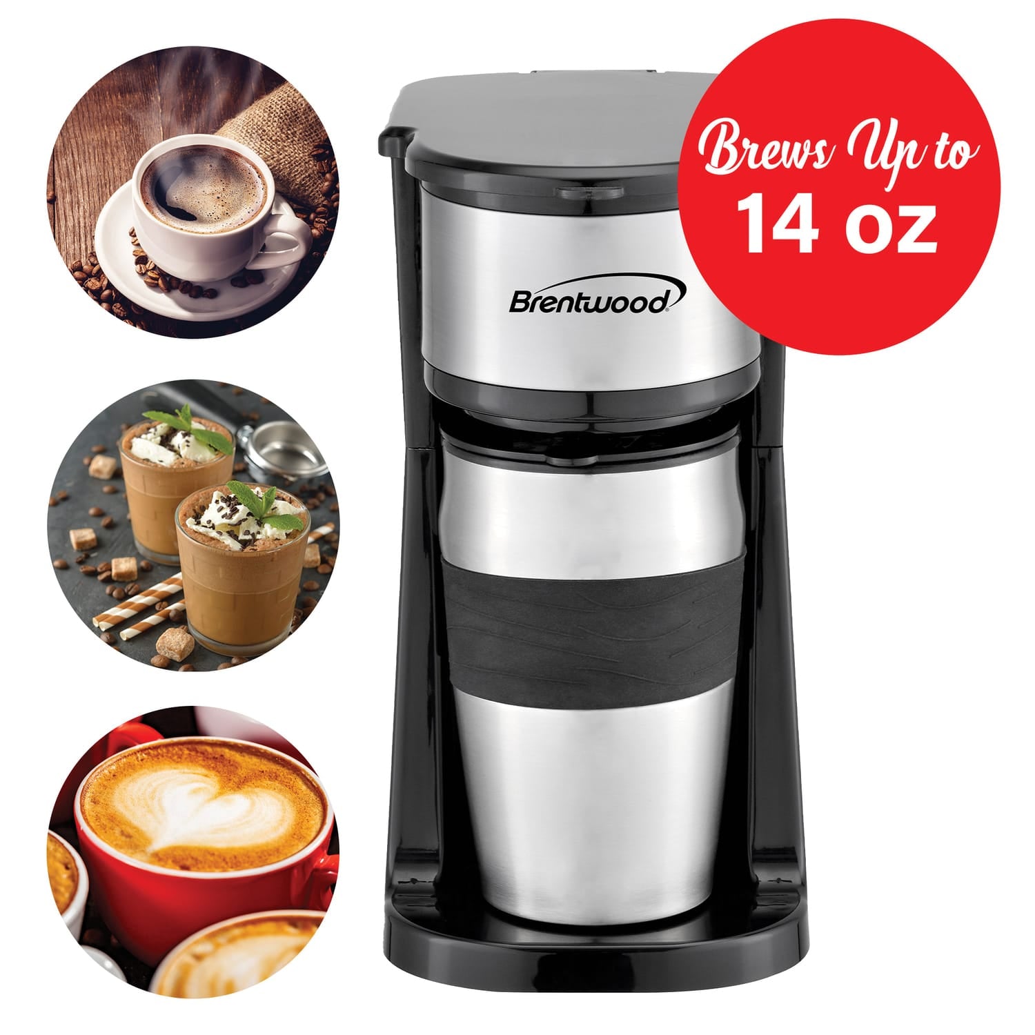Brentwood 700-Watt Portable Single-Serve Coffee Maker with 14-Oz. Travel Mug