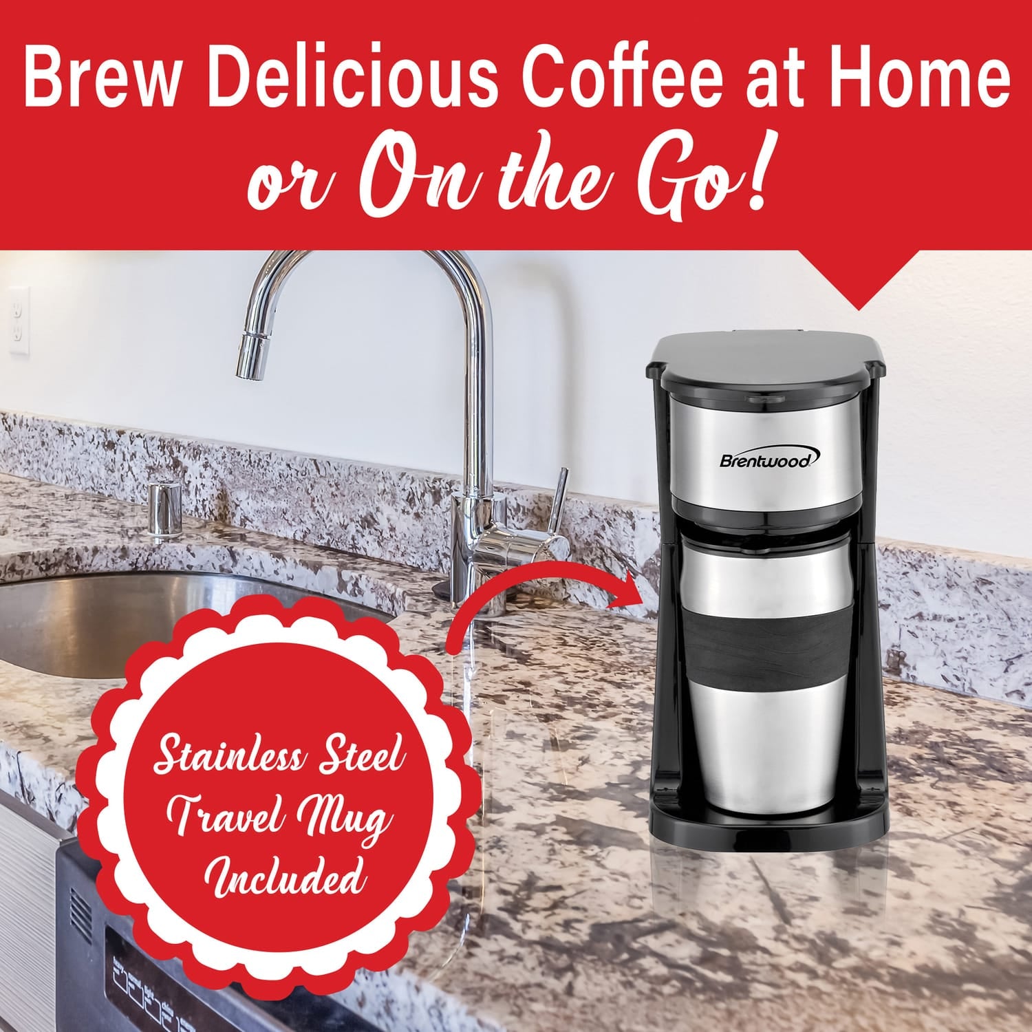 Brentwood 700-Watt Portable Single-Serve Coffee Maker with 14-Oz. Travel Mug
