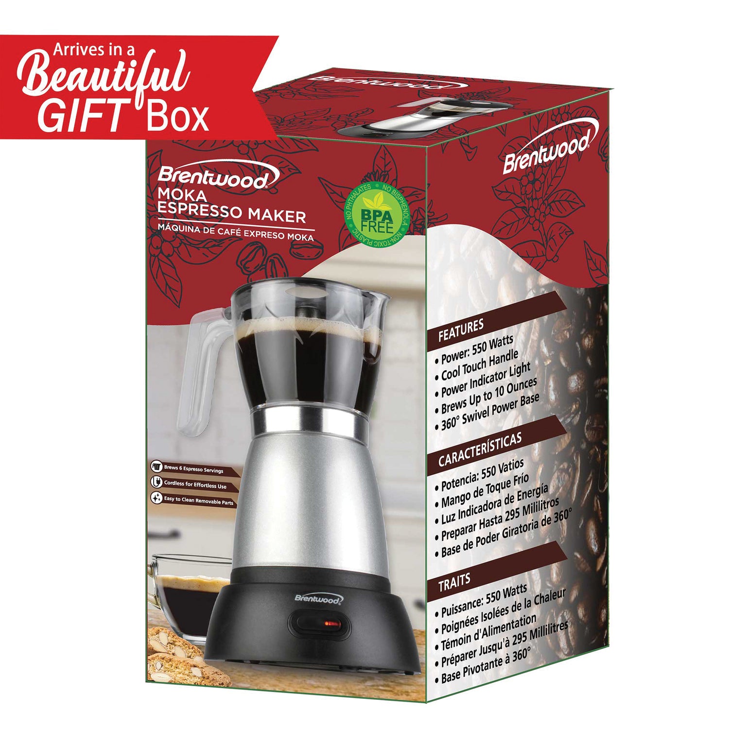 Brentwood 6-Cup Electric Moka Pot Espresso Machine, Silver