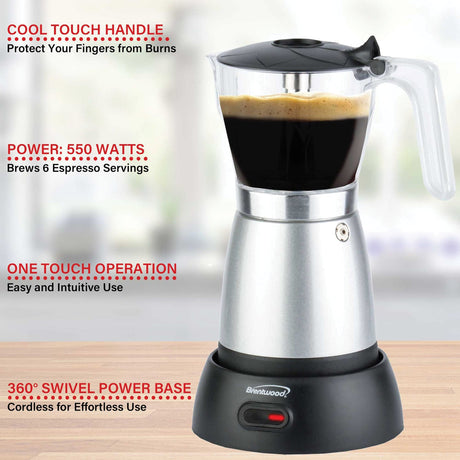 Brentwood 6-Cup Electric Moka Pot Espresso Machine, Silver