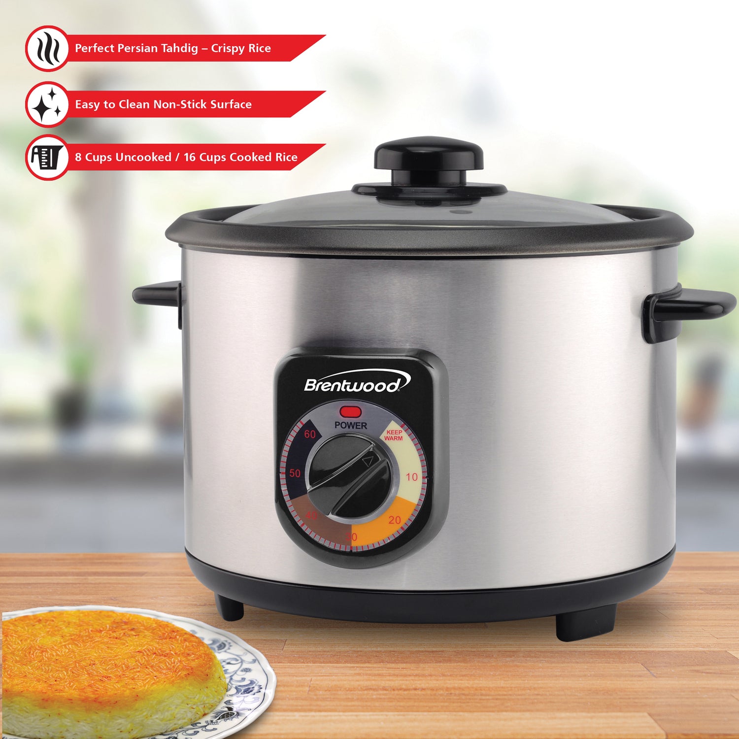 Brentwood 8-Cups Uncooked/16-Cups Cooked Electric Crunchy Persian Rice Cooker, Stainless Steel