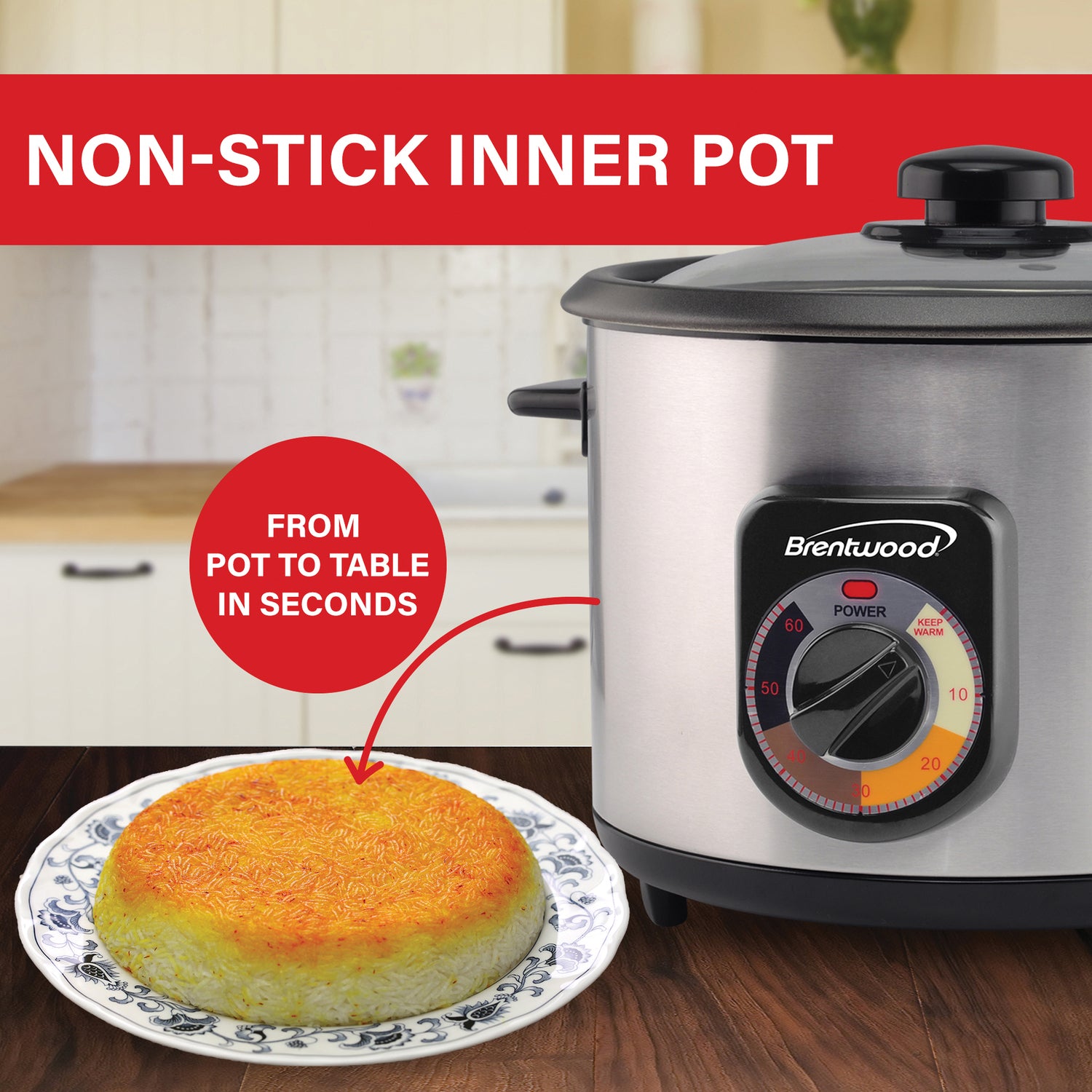 Brentwood 8-Cups Uncooked/16-Cups Cooked Electric Crunchy Persian Rice Cooker, Stainless Steel