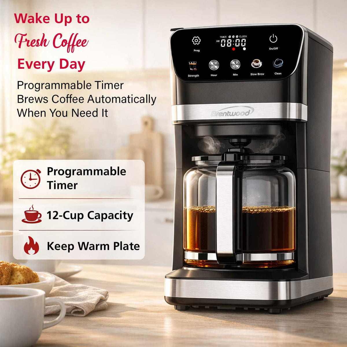 Brentwood 12-Cup 900-Watt Digital Drip Coffee Maker with Touch Display, Brew Strength Selector, and Slow Brew