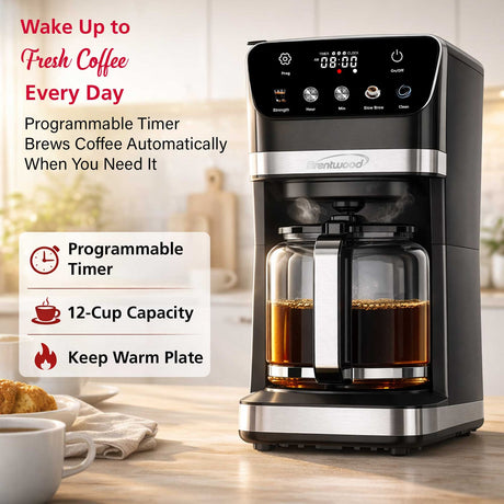 Brentwood 12-Cup 900-Watt Digital Drip Coffee Maker with Touch Display, Brew Strength Selector, and Slow Brew
