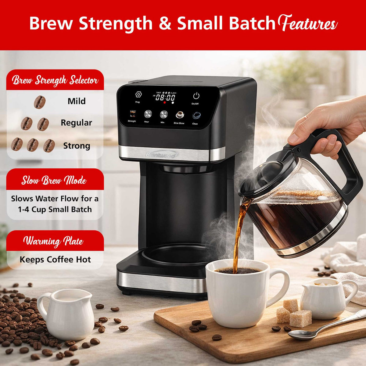 Brentwood 12-Cup 900-Watt Digital Drip Coffee Maker with Touch Display, Brew Strength Selector, and Slow Brew