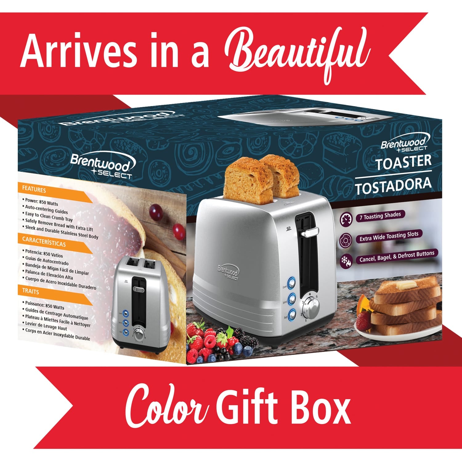Brentwood Select 2-Slice 850-Watt Extra-Wide Slot Stainless Steel Toaster