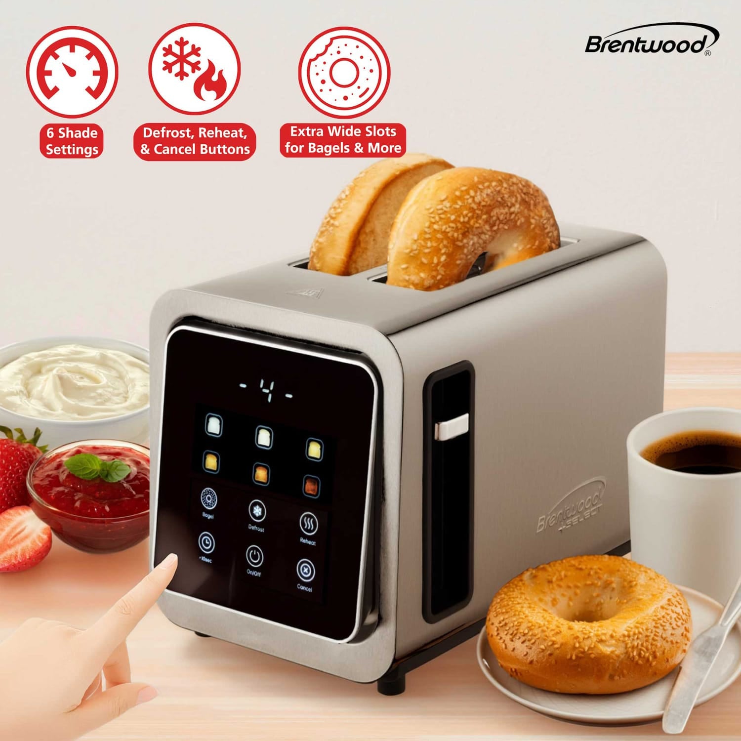 Brentwood 2-Slice 1100-Watt Touch-Screen Digital Toaster with Extra-Wide Slots, Stainless Steel