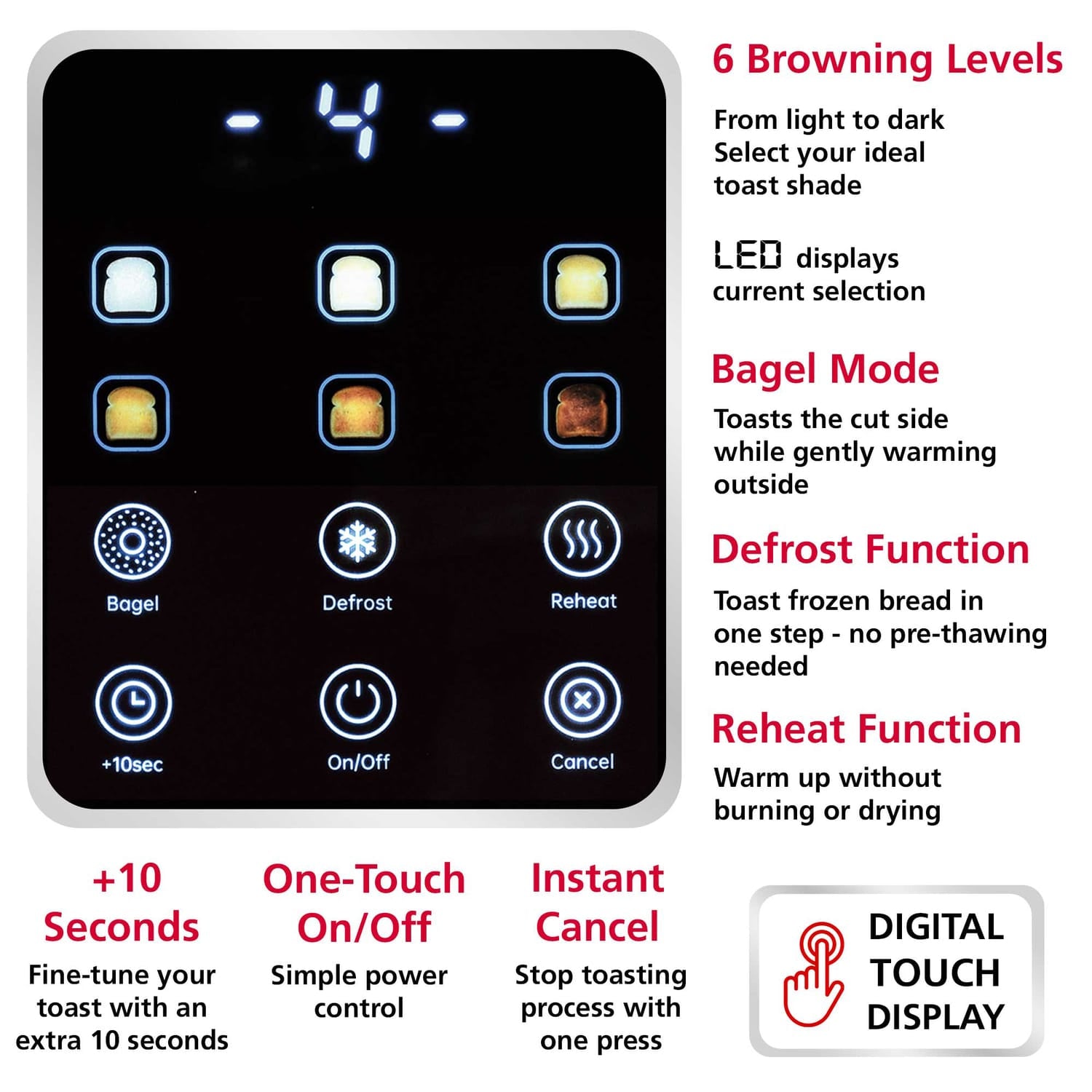 Brentwood 2-Slice 1100-Watt Touch-Screen Digital Toaster with Extra-Wide Slots, Stainless Steel