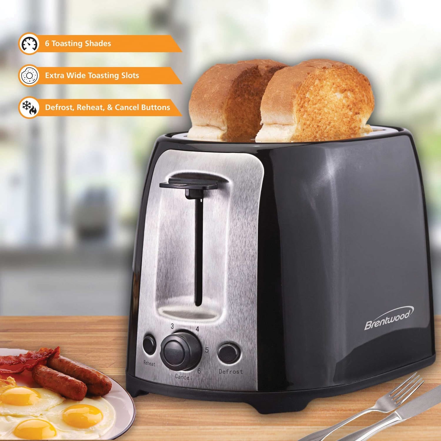 Brentwood 2-Slice Cool-Touch Toaster with Extra-Wide Slots, Black