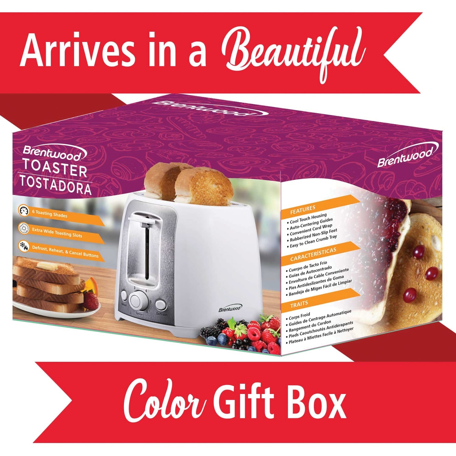 Brentwood 2-Slice Cool-Touch Toaster with Extra-Wide Slots, White
