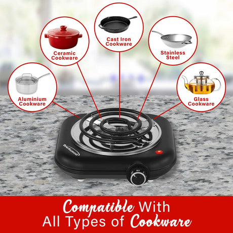 Brentwood Single-Coiled 1100-Watt Countertop Electric Burner with Temperature Control and Power Indicator Light, Black