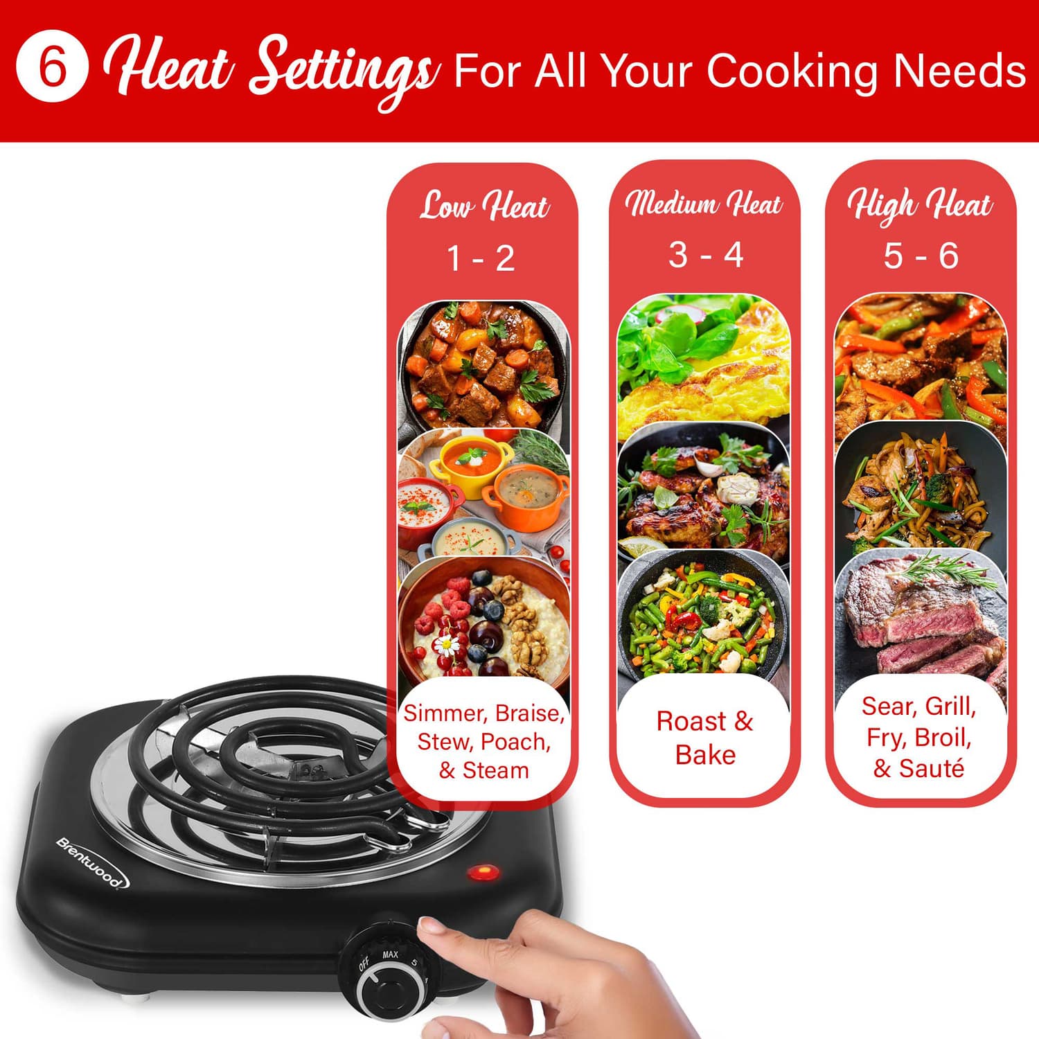 Brentwood Single-Coiled 1100-Watt Countertop Electric Burner with Temperature Control and Power Indicator Light, Black