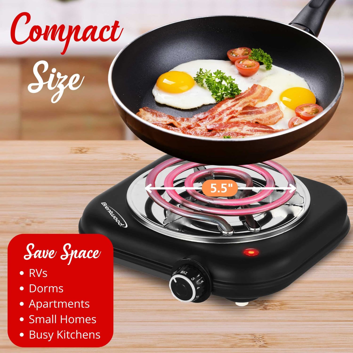 Brentwood Single-Coiled 1100-Watt Countertop Electric Burner with Temperature Control and Power Indicator Light, Black