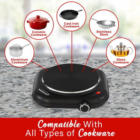 Brentwood Single-Cast-Iron 1100-Watt Countertop Electric Burner Hot Plate with Temperature Control and Power Indicator Light, Black