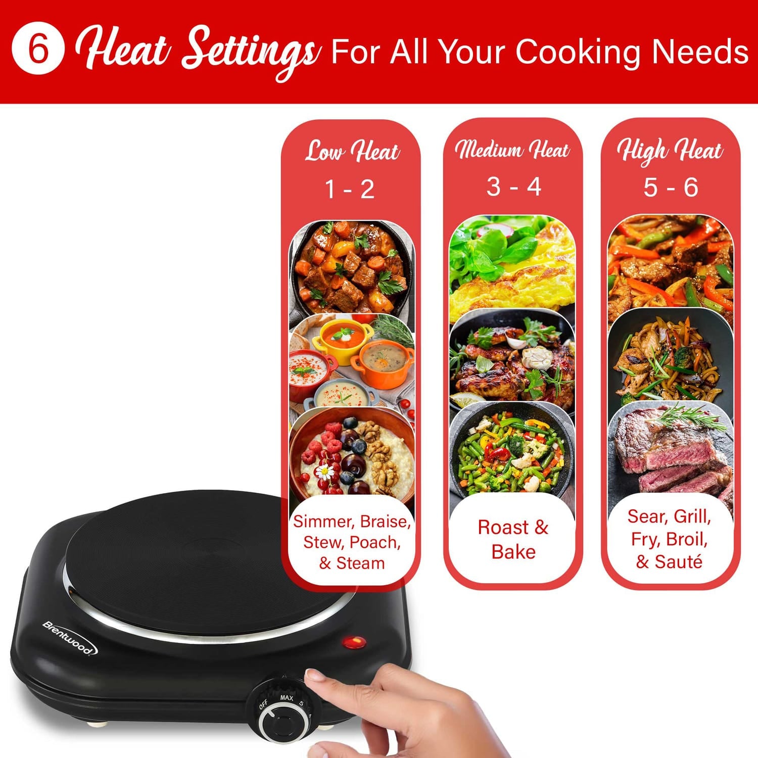 Brentwood Single-Cast-Iron 1100-Watt Countertop Electric Burner Hot Plate with Temperature Control and Power Indicator Light, Black