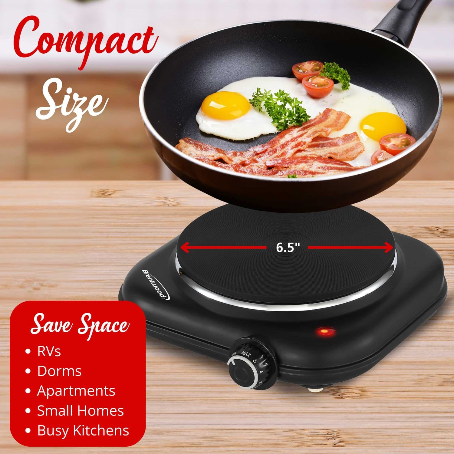 Brentwood Single-Cast-Iron 1100-Watt Countertop Electric Burner Hot Plate with Temperature Control and Power Indicator Light, Black