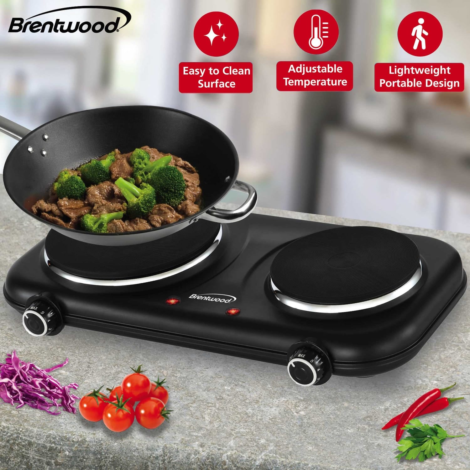 Brentwood Double-Cast-Iron 1100-Watt Countertop Electric Burner Hot Plate with Temperature Control and Power Indicator Light, Black