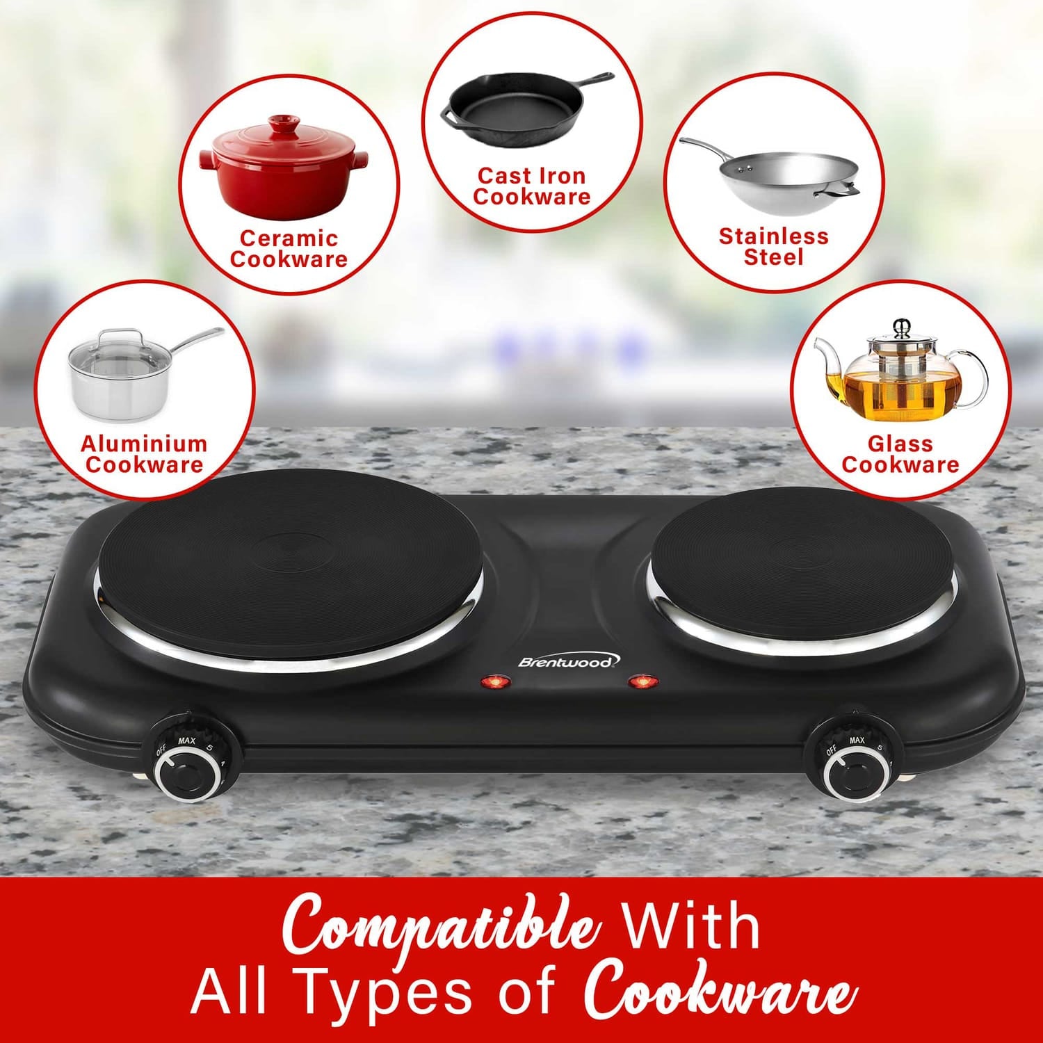 Brentwood Double-Cast-Iron 1100-Watt Countertop Electric Burner Hot Plate with Temperature Control and Power Indicator Light, Black