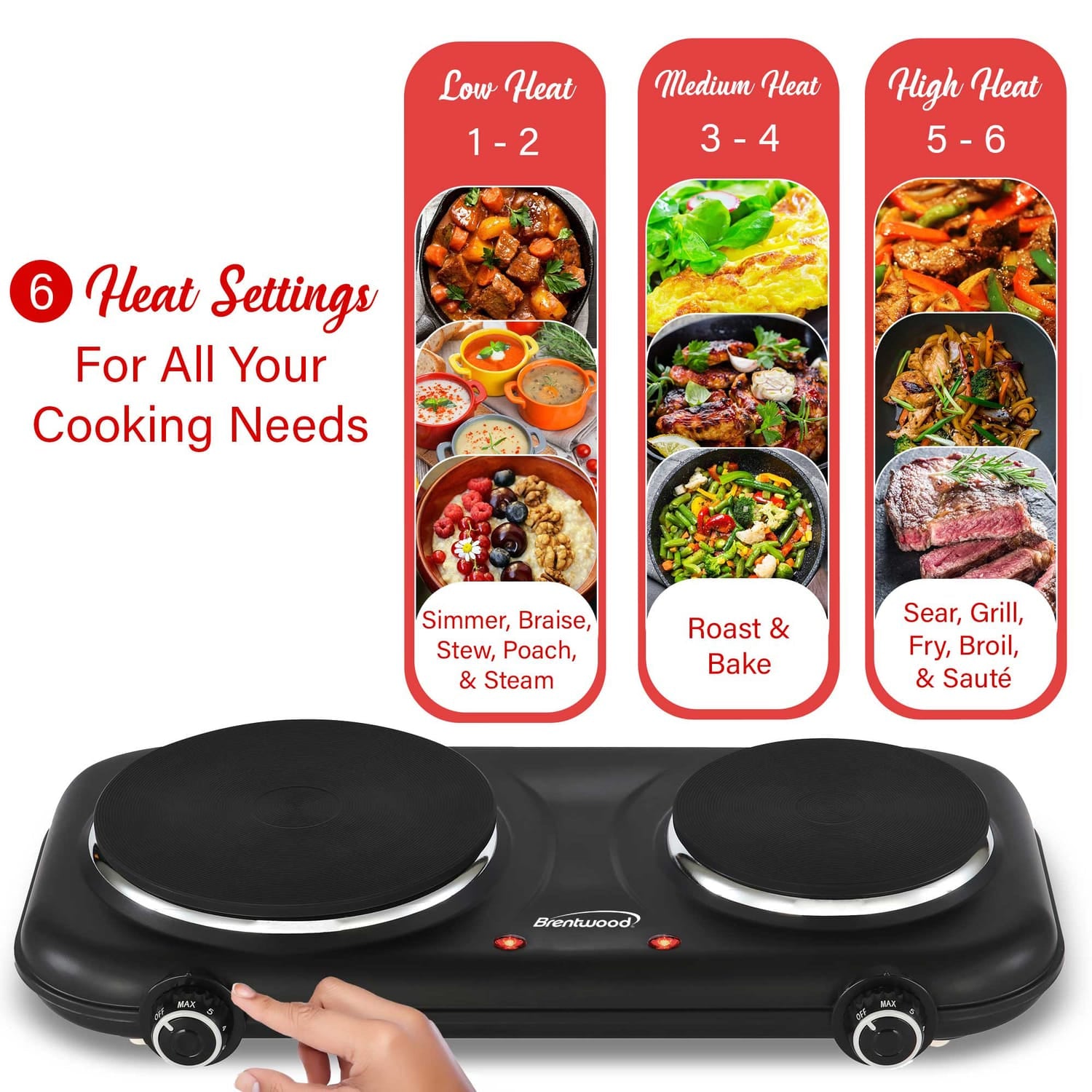 Brentwood Double-Cast-Iron 1100-Watt Countertop Electric Burner Hot Plate with Temperature Control and Power Indicator Light, Black
