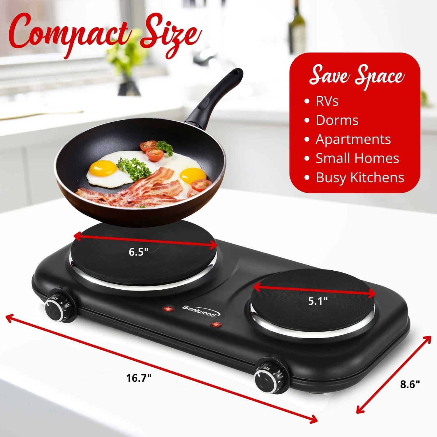 Brentwood Double-Cast-Iron 1100-Watt Countertop Electric Burner Hot Plate with Temperature Control and Power Indicator Light, Black