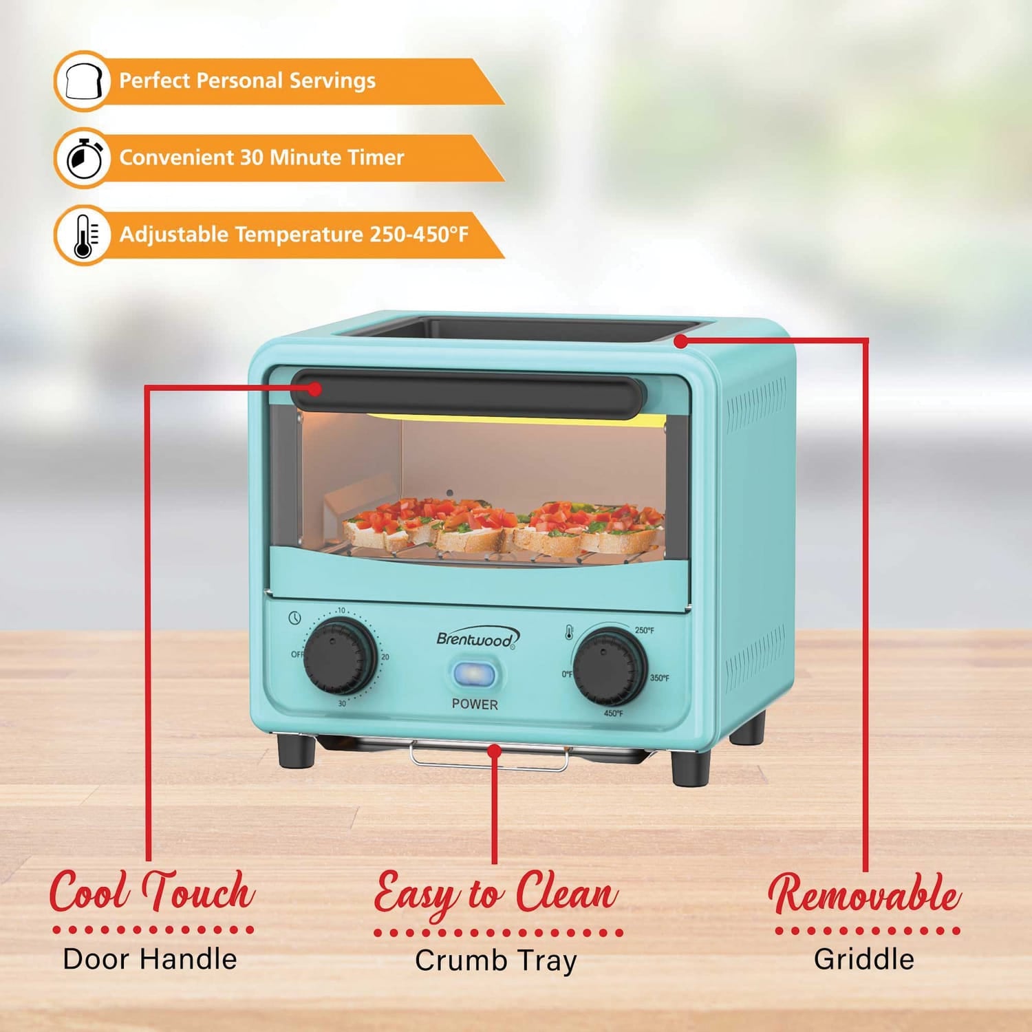 Brentwood 183-Cu. In., 3-L 500-Watt Stainless Steel Mini Toaster Oven, Blue