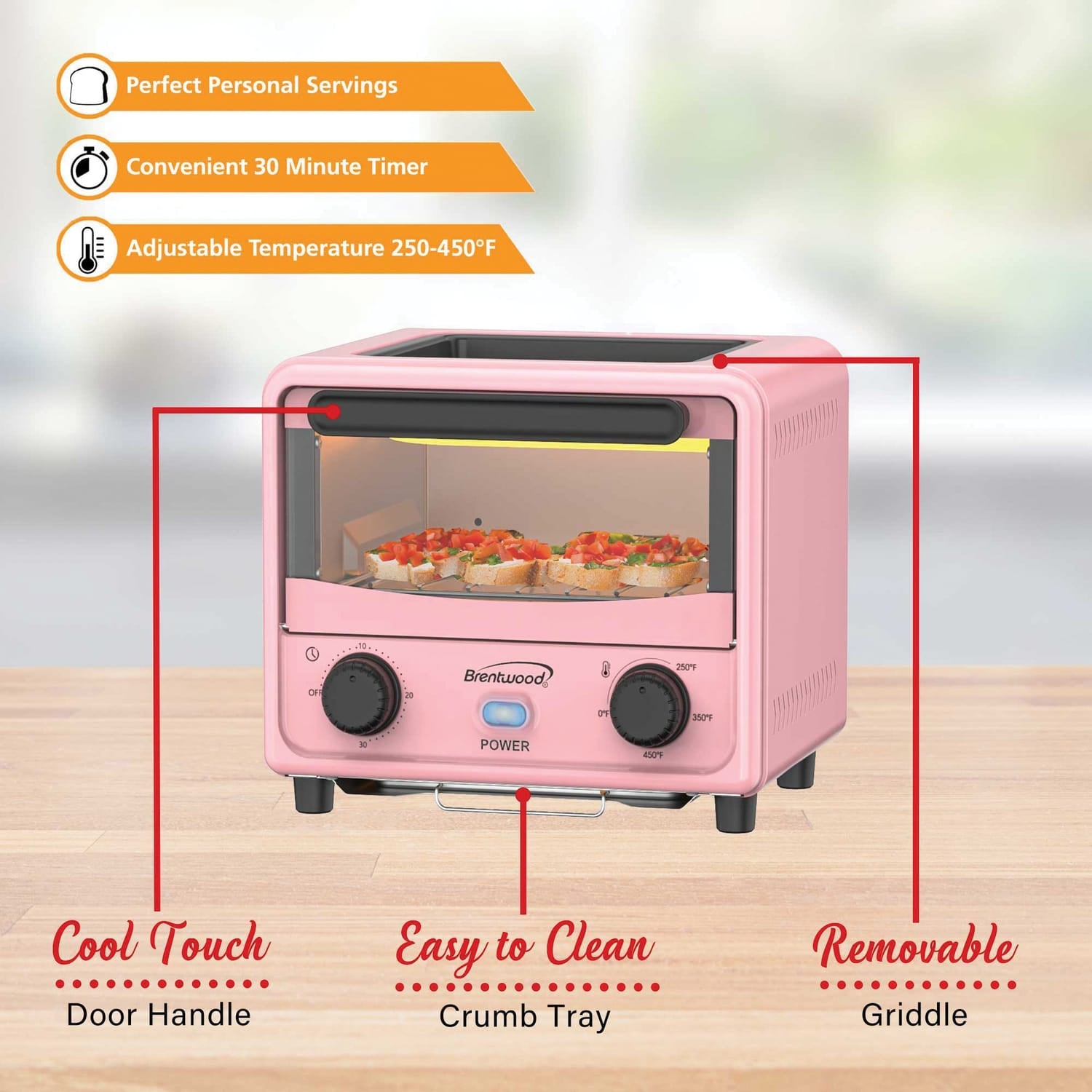 Brentwood 183-Cu. In., 3-L 500-Watt Stainless Steel Mini Toaster Oven, Pink